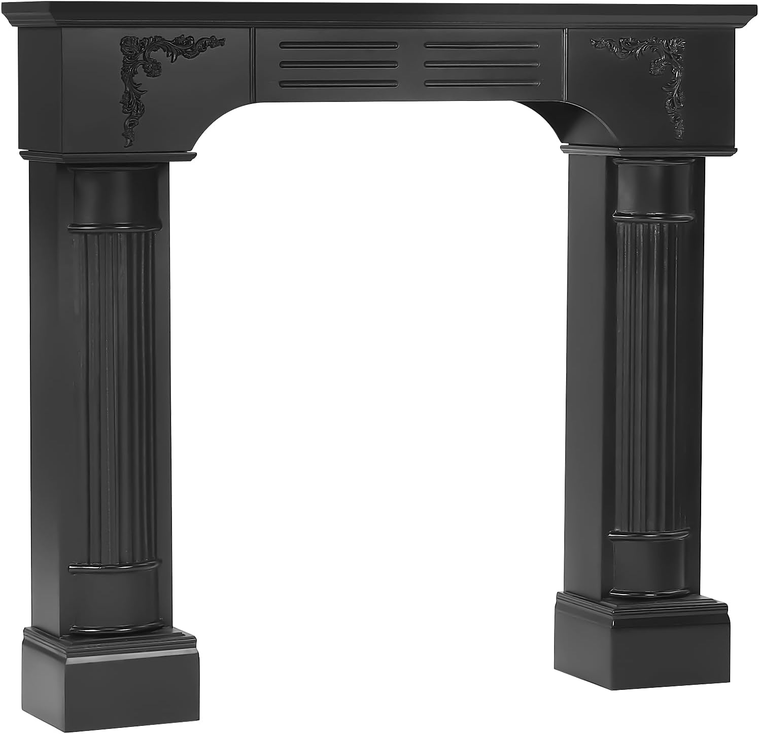 Black Fireplace Mantel, Rustic Freestanding Surround Mantel for Fireplace with Decorative Pattern, Wooden Mantle with Leg for Living Room, Anti-Tipping & Waterproof, 43.3" W x 39.7" H