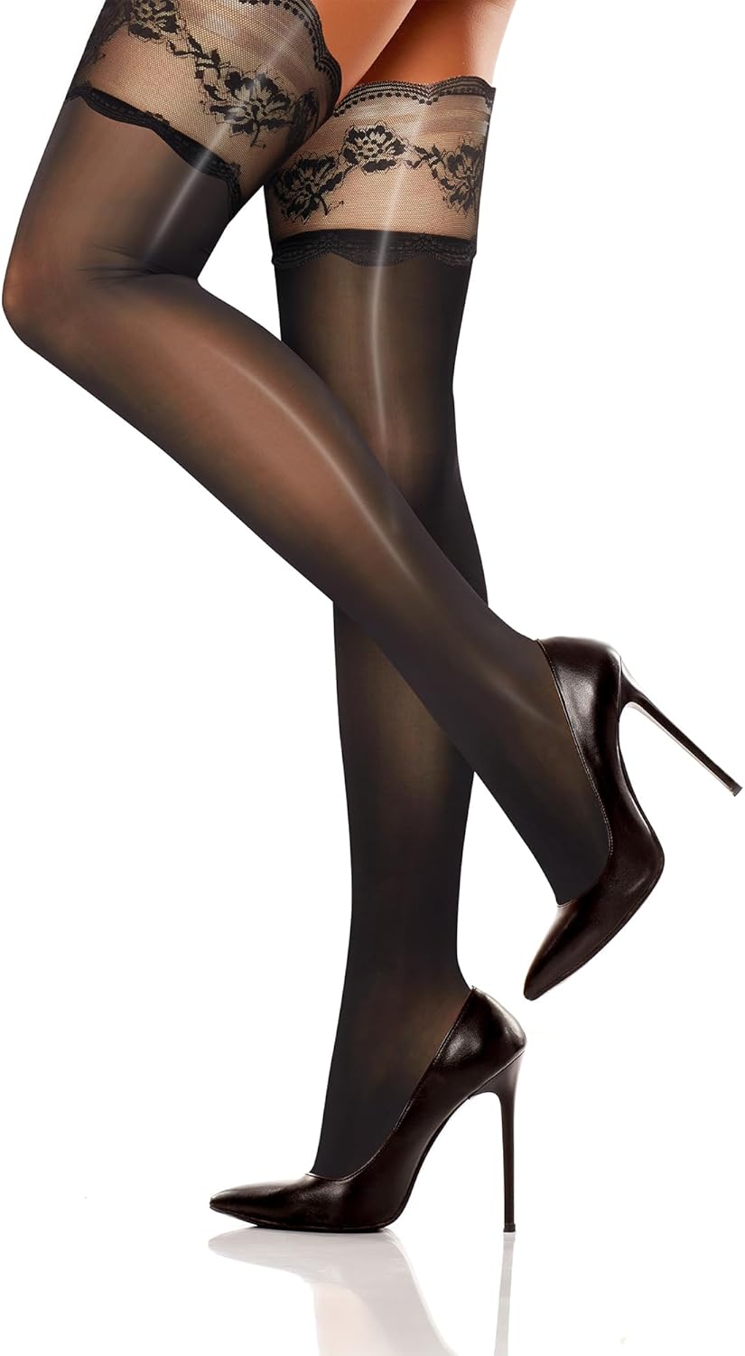 Benefeet Sox Shiny Thigh High Stockings Non-slip Silicone Lace Top Shimmery Sheer Tights Pantyhose 8 Denier - Image 7