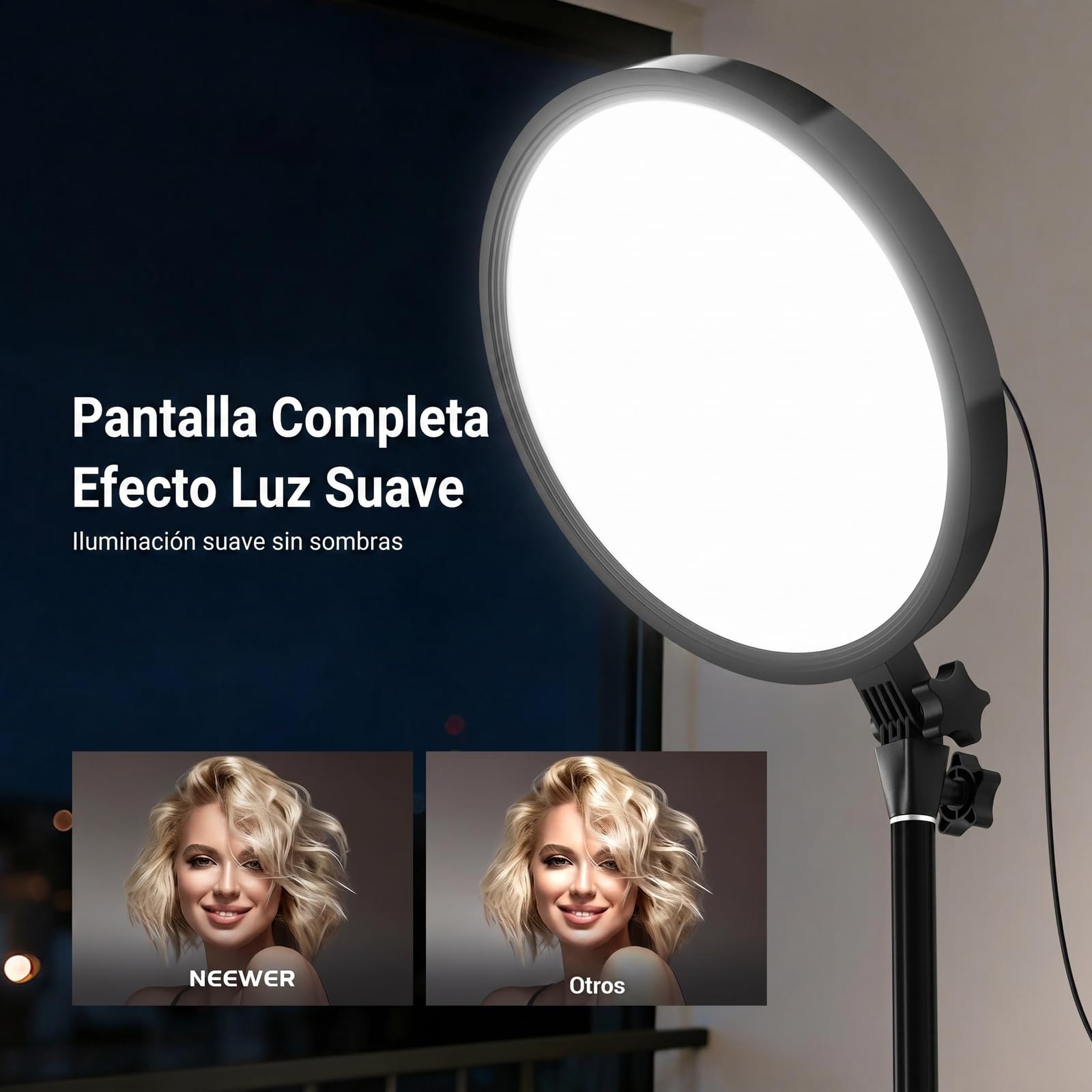 NEEWER Basics 13" 45W Gran Aro Foco con 66" Soporte, 3000K-6500K CRI95+ Full Screen LED Luz Panel con Phone Holder/Remoto para Grabación Video Selfies Streaming Maquillaje Fotografía Estudio, BR45B