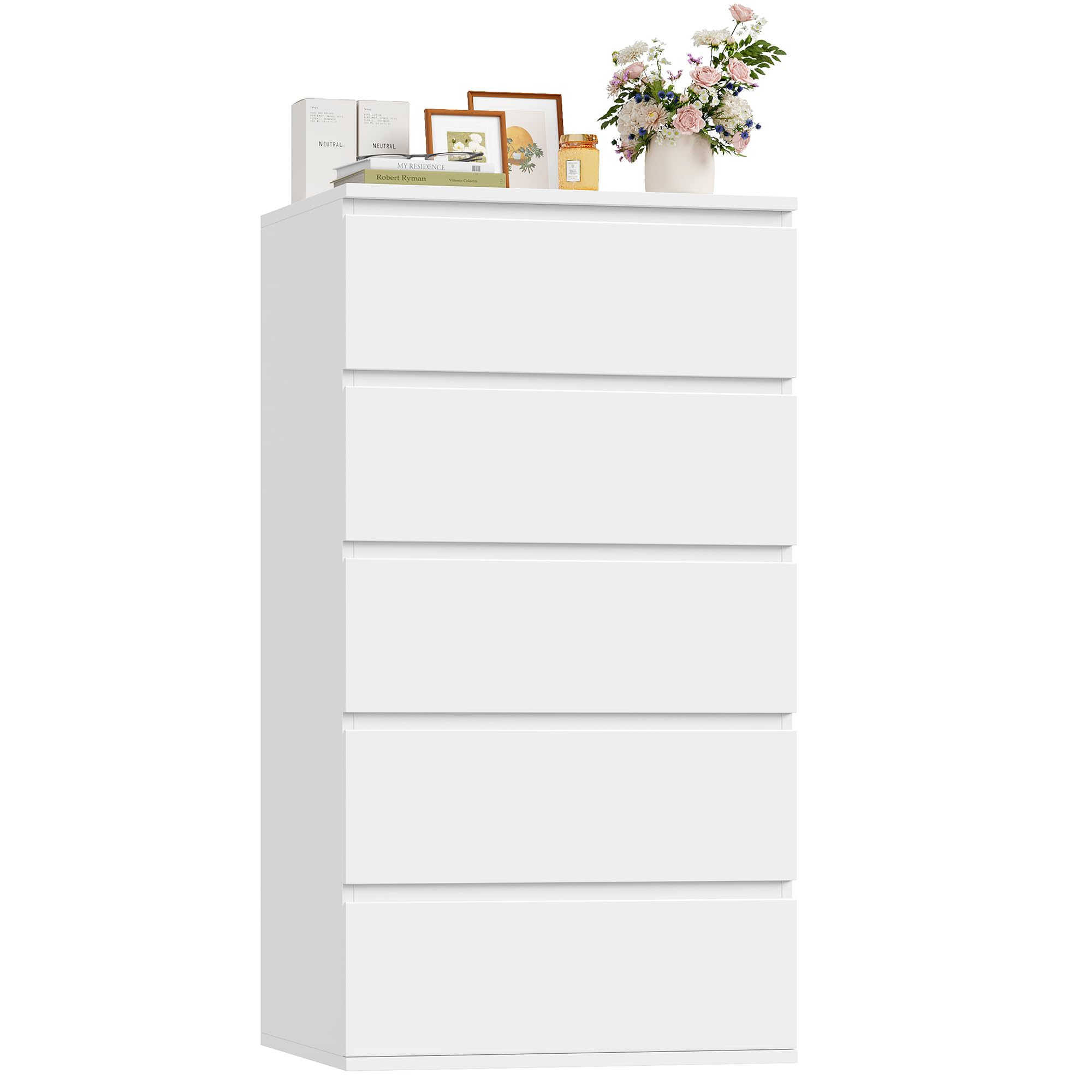 FOREHILL 100cm Cómoda Dormitorio con 5 Cajones, Sinfonier Alto | Cajonera de Almacenaje, Cómoda Blanca para Dormitorio, Cajonera de Almacenaje de Madera para Oficina Habitación 55×33×100cm