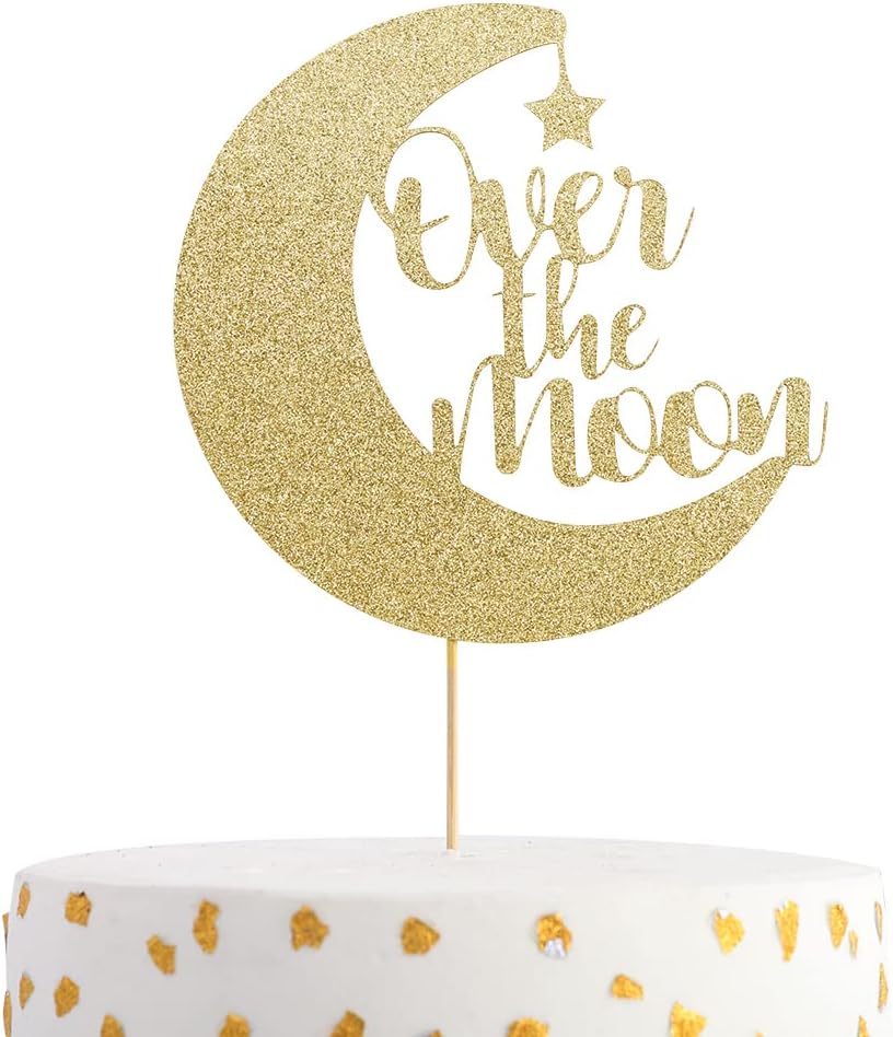 Over the Moon Cake Topper - Baby Shower, Gender Reveals Cake Top Hat, Birthday Party Decorations, Glitter Cardboard, Studio Photo Props.