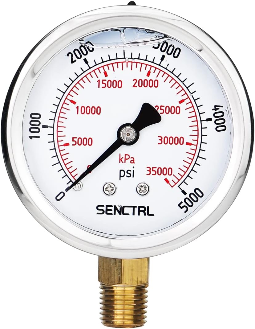 SENCTRL 5000 Psi Glycerin Liquid Filled Hydraulic High Pressure Gauge, 2.5" Dial Size, 1/4" NPT Lower Mount, Stainless Steel Case, for Air Gas Water Oil Pressure Test