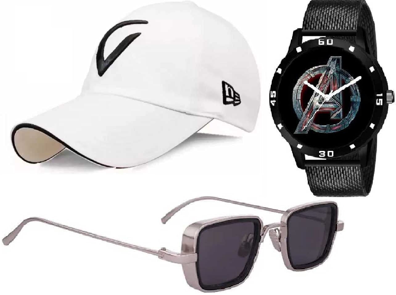 SELLORIA Brand - A Black Dial Analog Watch with Black Sunglass with Cap White Pack of 3 (B09F9P9L5W) Amazon Price History, Amazon Price Tracker