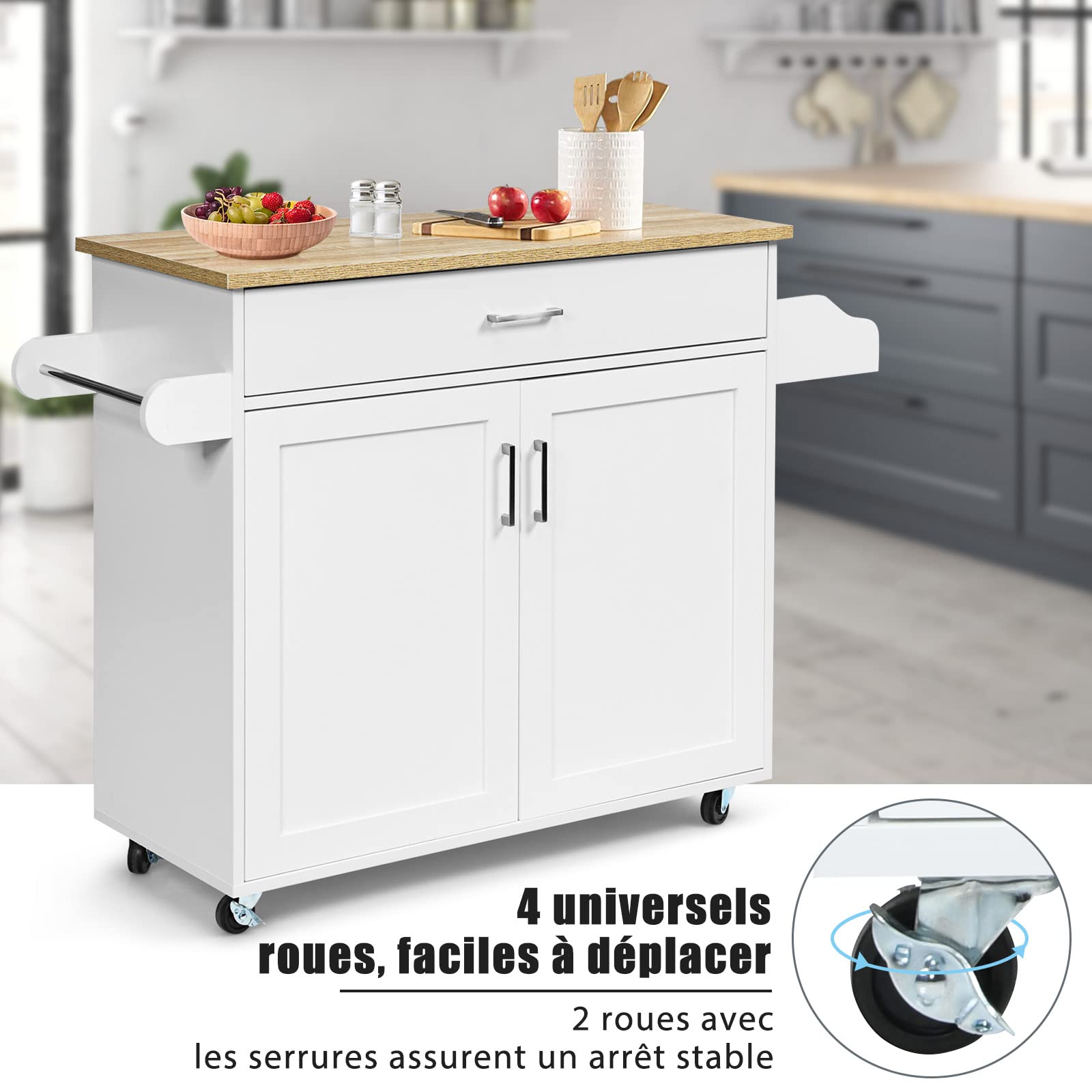 GIANTEX Desserte à roulettes avec Plan de Travail 90 x 40 cm, Desserte de Cuisine avec Grand Tiroir et Armoire à 2 Portes, Porte-Épices et Porte-Serviettes,116 x 40 x 85 cm (Blanc)