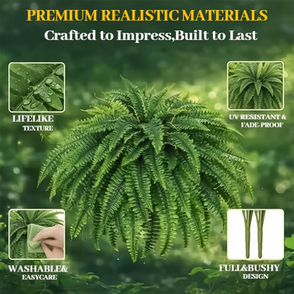 2026 New UV Resistant Lifelike Artificial Boston Fern, Large Fake Ferns, 38/60/88 Leaves Silk Artificial Ferns Maintenance-Free for Outdoor Hanging Baskets, Porch, Garden Décor (60 Leaves)