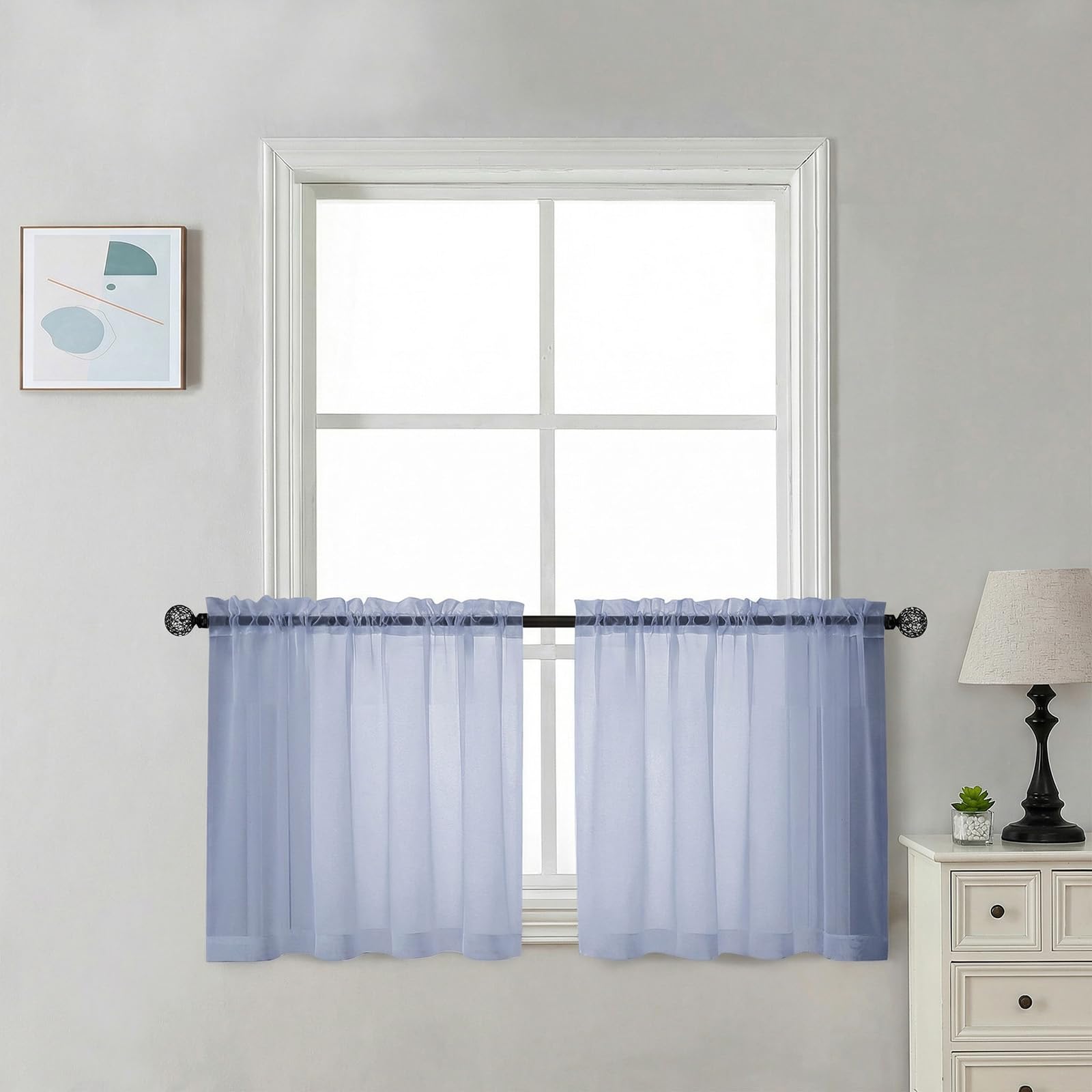 Chyhomenyc Sheer Tier Curtains 24 Inch Length - Small Window Kitchen Curtains for Bathroom Living Room Basement, Farmhouse Short Voile Curtain 42Wx24L, Rod Pocket, 2 PCS, Denim Blue