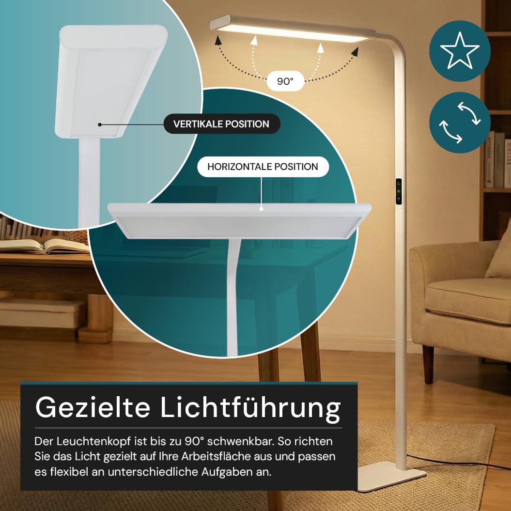 LUXULA LED Büro-Stehleuchte dimmbar, 60 W 3500 lm, 4000K Neutralweiß, Up/Downlight, UGR<16, CRI98, Touchbedienung, blendfreies Licht, Monitor, Büro, Arbeitszimmer, Homeoffice, modernes Design, Weiß