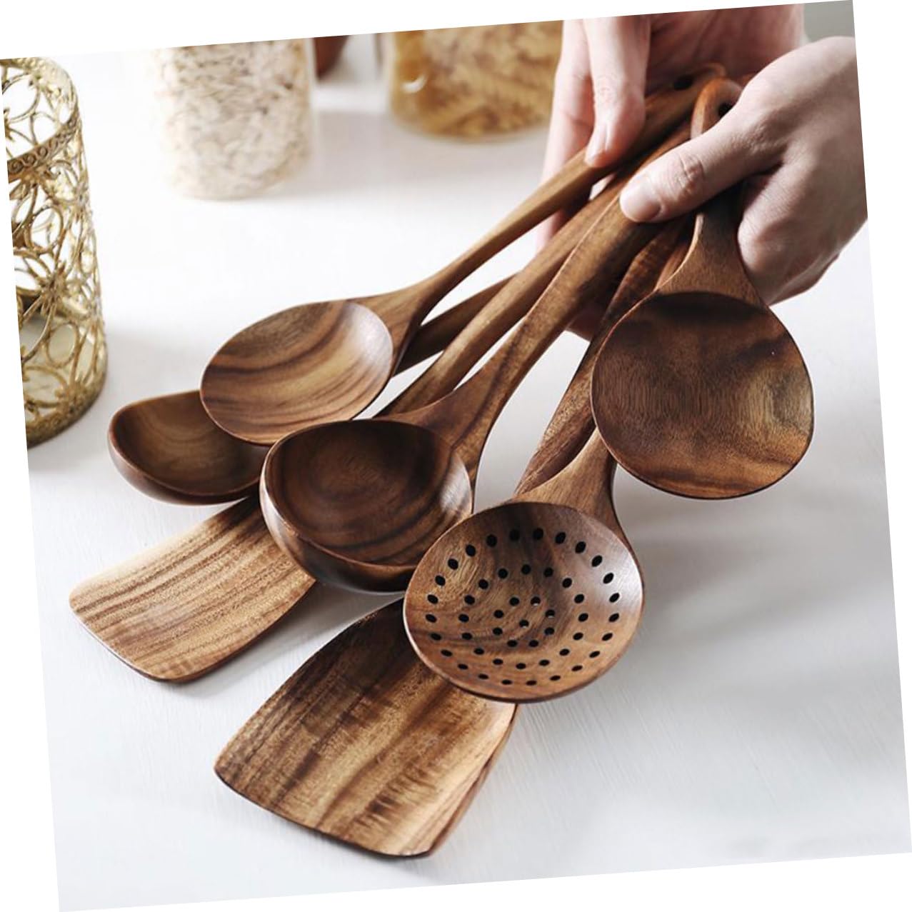 Veemoon Set di Cucchiai per Servire e Preparare Insalate per Cucina con Design Multifunzionale in Legno Elegante e Pratico