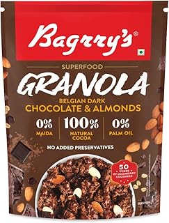 Bagrry's Superfood Granola Belgian Dark Chocolate & Almonds 400g | 40% Oats & Quinoa Flakes | 100% Natural Cocoa | Plant-Based | High Fibre & Protein Crunchy Breakfast Cereal | Multigrain Cereal | 100% Baked Granola | No Palm Oil