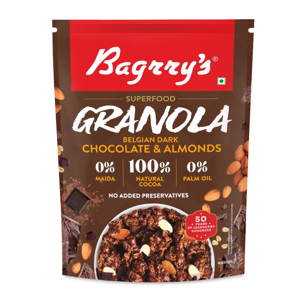 Bagrry’s Superfood Granola Belgian Dark Chocolate & Almonds 400g | 40% Oats & Quinoa Flakes | 100% Natural Cocoa | Plant-Based | High Fibre & Protein Crunchy Breakfast Cereal | Multigrain Cereal | 100% Baked Granola | No Palm Oil