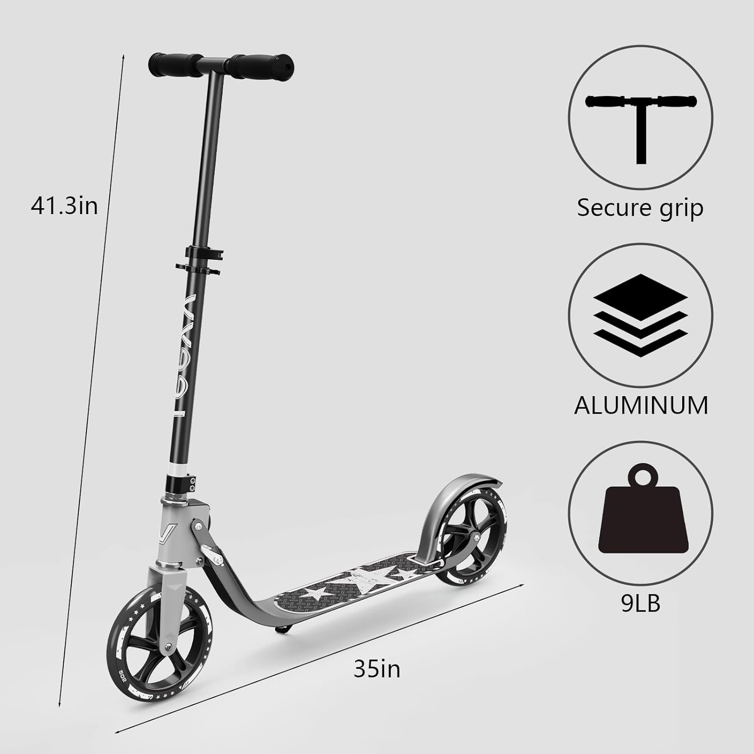 adult scooter with big wheels | adjustable height, foldable aluminum frame | smooth ride for urban commuting and outdoor fun | suitable for teens 8-12 | 220 lbs weight limit grey