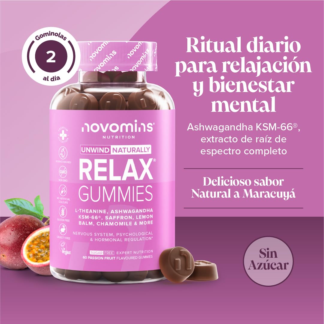 Gominolas Relax - Ashwagandha KSM-66, L-Teanina, Azafrán, Melisa y Manzanilla con Vitaminas B6 y B12 - Apoyo para la Relajación y la Función Psicológica y Hormonal - Vegano y Sin Gluten - 60 Gominolas