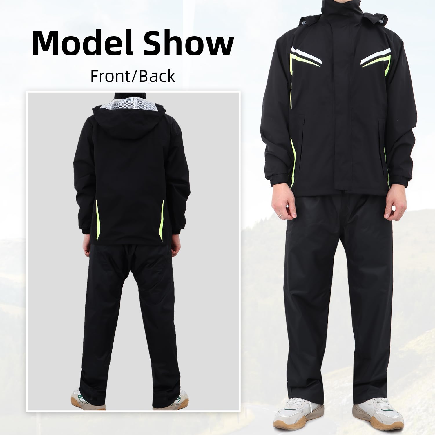 Tuta Antipioggia da Uomo Giacca Impermeabile e Tuta Pantalone Impermeabile Giacca Antipioggia Unisex Giacche da Ciclismo con Cappuccio con Catarifrangenti di Sicurezza