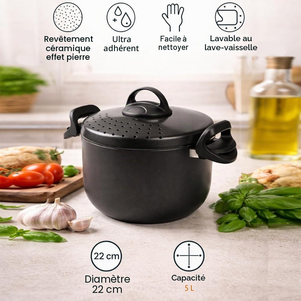 BAKAJI Casserole Scolì de 22 cm avec passoire intégrée et poignées mobiles et ergonomiques, casserole antiadhésive en aluminium avec poignées bloquantes, sûre et pratique, idéale pour les pâtes
