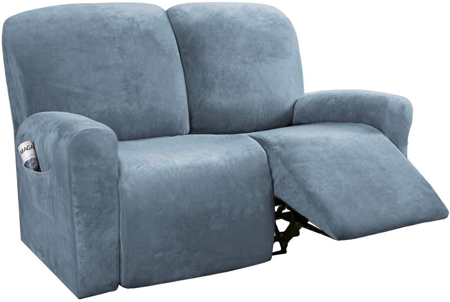 LINGKY 6-Pieces Recliner Sofa Covers Velvet Stretch Armchair Covers With Side Pocket Thick Soft Washable Sofa Covers 2 Seater Replacement Furniture Protector (Loveseat, Stone Blue) — image 1