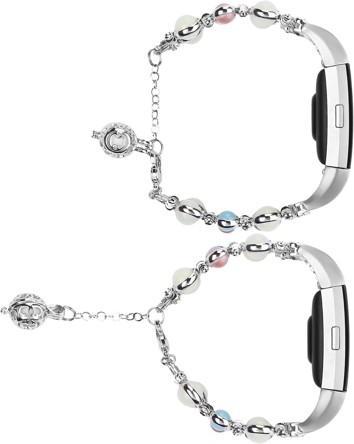IMYMAX for Fitbit Charge 2 Bands Bracelet Adjustable Wristband Handmade Night Luminous Pearl Charge 2 Bracelet with Essential Oil/Perfume Storage Pendant for Women/Girls (Silver)