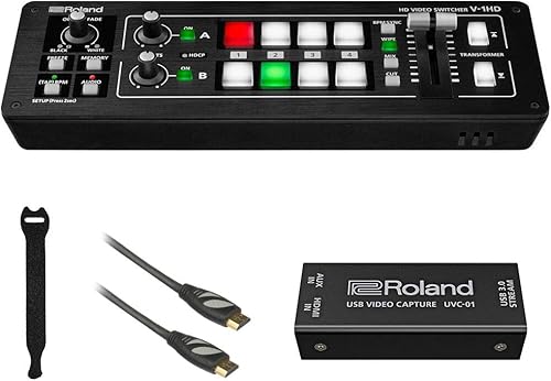 Roland V-1HD STR MezcladorSwitcher Paquete de transmisión en vivo con codificador de vídeo UVC-01, cable HDMI de 6 pies y 10 unidades de correas