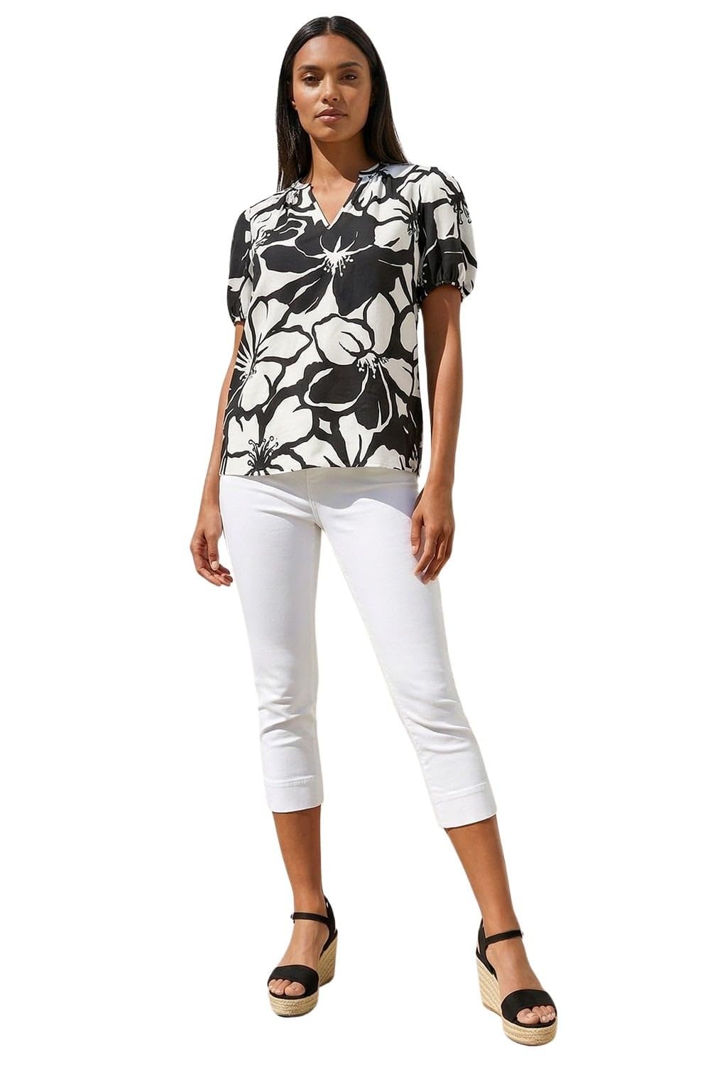 Roman Originals Women's Black Floral Mono Print V-Neck Top For Uk - Everyday Holiday Spring Summer V-Neckline Comfy Soft Evening Vacation Work Party - Size 12
