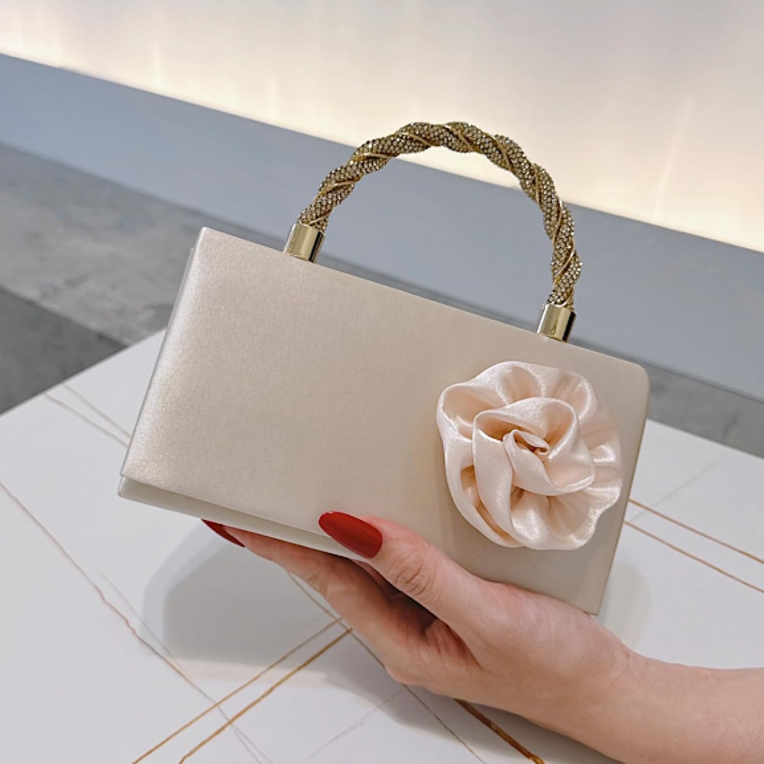 Beige Satin Clutch Purse for Women, 3D Rose Flower Wedding Formal Handbag Rhinestone Braided Top Handle Evening Bag - Image 7