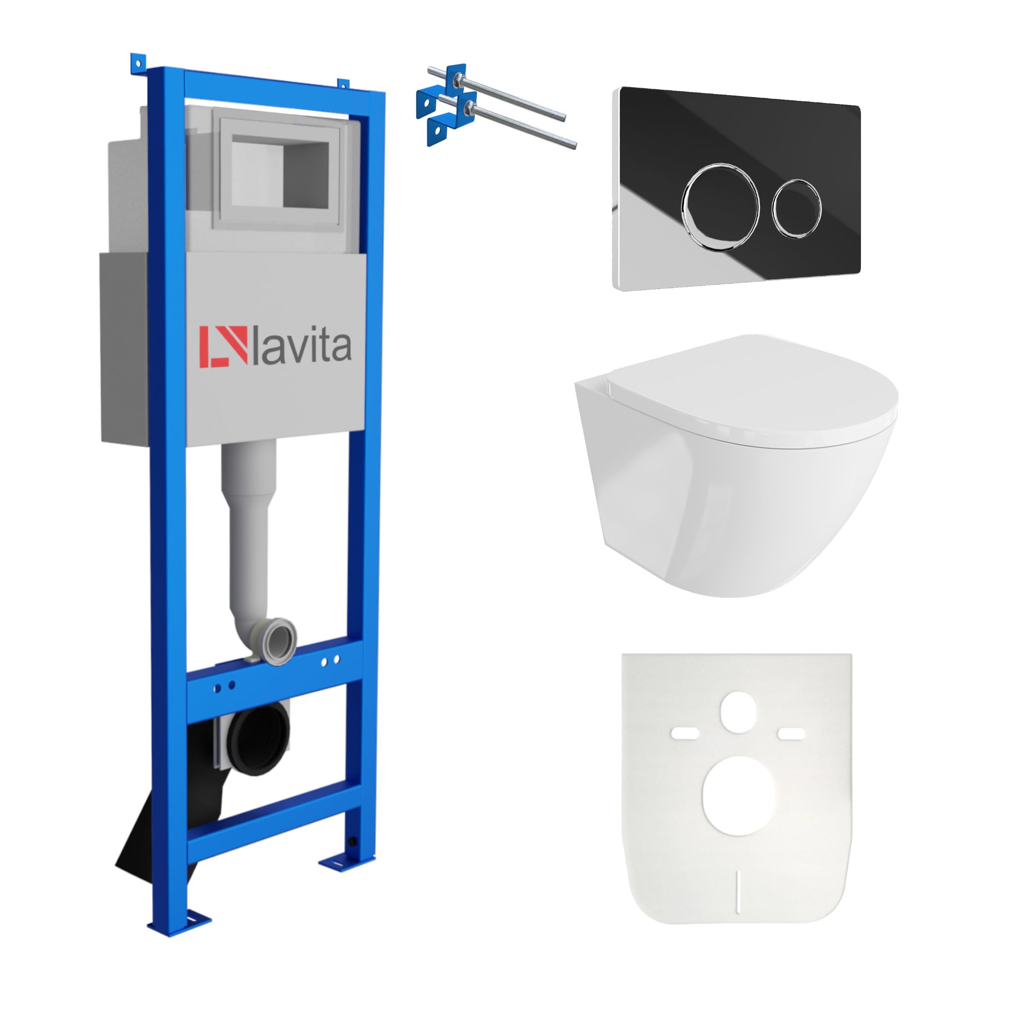 Lavita LAV 101 Élément de pré-installation pour WC 40cm + WC suspendu à rinçage profond SOFI Blanc sans rebord + Plaque de commande LAV 200.4.2 Chromé + Abattant WC avec système d'abaissement