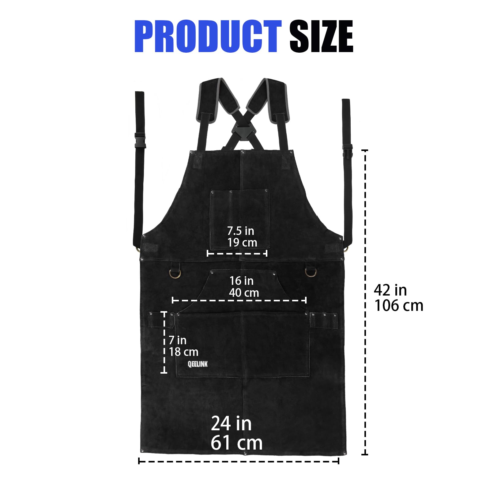 QeeLink Tablier de Soudeur en Cuir avec 6 Poches, Tablier de Travail Résistant à la Chaleur et aux Flammes