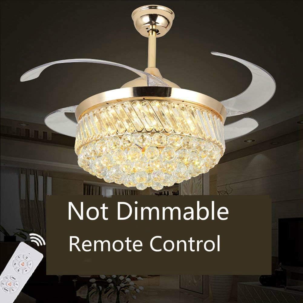 42 Inch Retractable Reversible Ceiling Fan Chandelier with Romote Control LED Light, Invisible Ceiling Fan for Living Room Bedroom, Indoor Crystal Ceiling Light Kits with Fans (Gold)