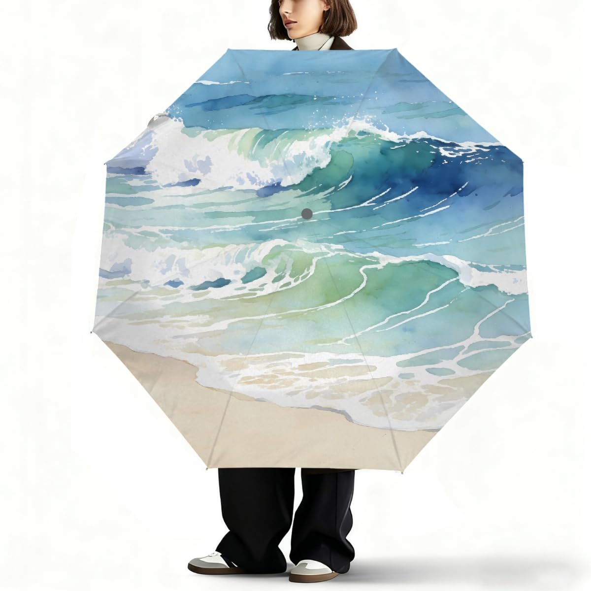 Ombrello pieghevole con motivo oceano ad acquerello ombrello da viaggio compatto antivento impermeabile con protezione UV rivestimento nero leggero 8 coste portatile per pioggia sole