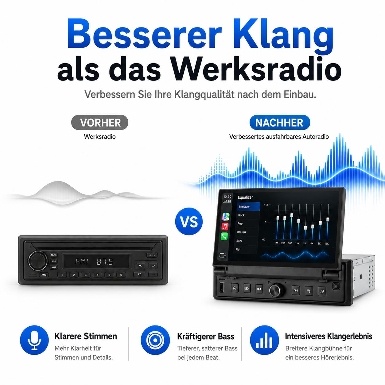 YZKONG 1 DIN Autoradio mit 6,8 Zoll ausfahrbarem Touchscreen, Linux System, Wireless CarPlay Android Auto, Bluetooth FM USB AUX, Mirror Link
