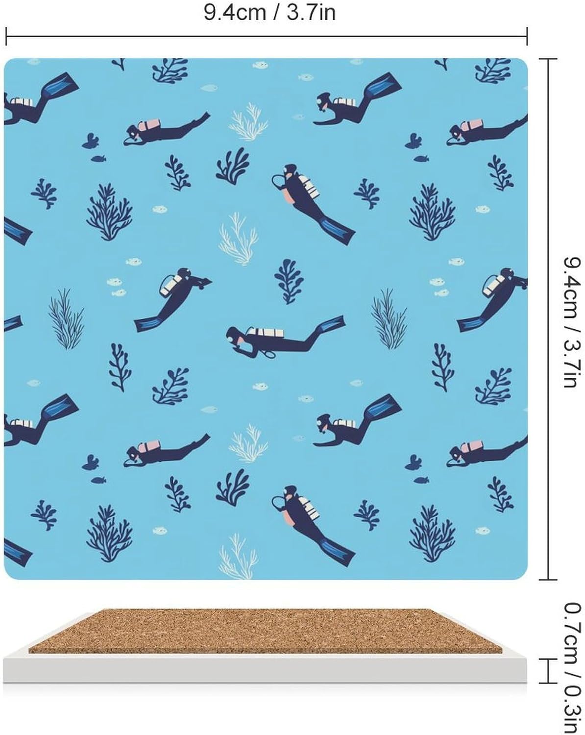 Scuba Diving Pattern Funny Ceramic Coasters for Drinks Absorbent Cup Holder Tabletop Protector with Cork Base
