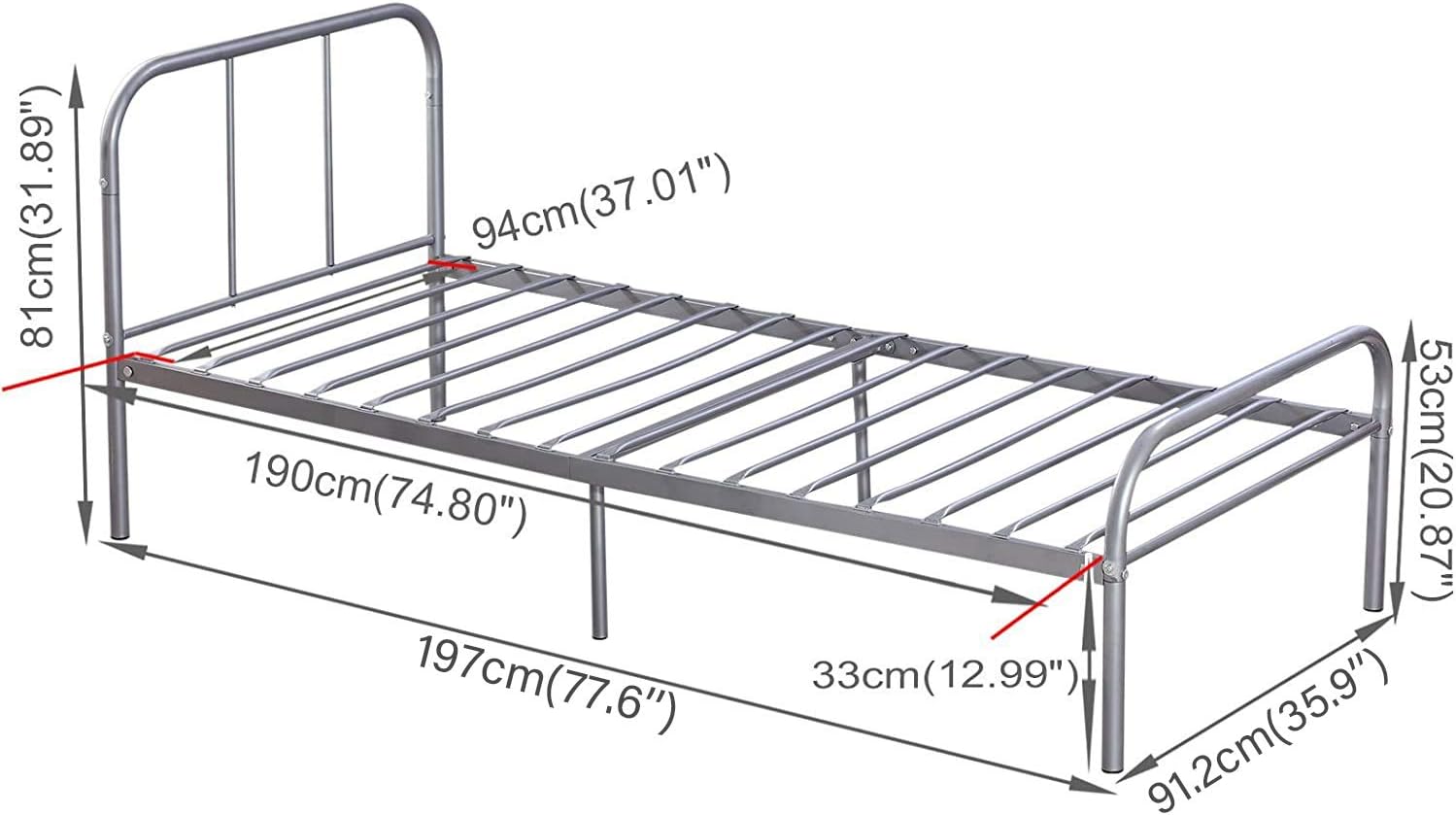 Voilamart Twin Metal Bed Frames Headboard and Footboard，Solid Sturdy Metal Slat， Single Bed with Storage,6 Legs Bed Frame Platform No Box Spring Needed,Twin Bed Frame Set for Kids (Silver)