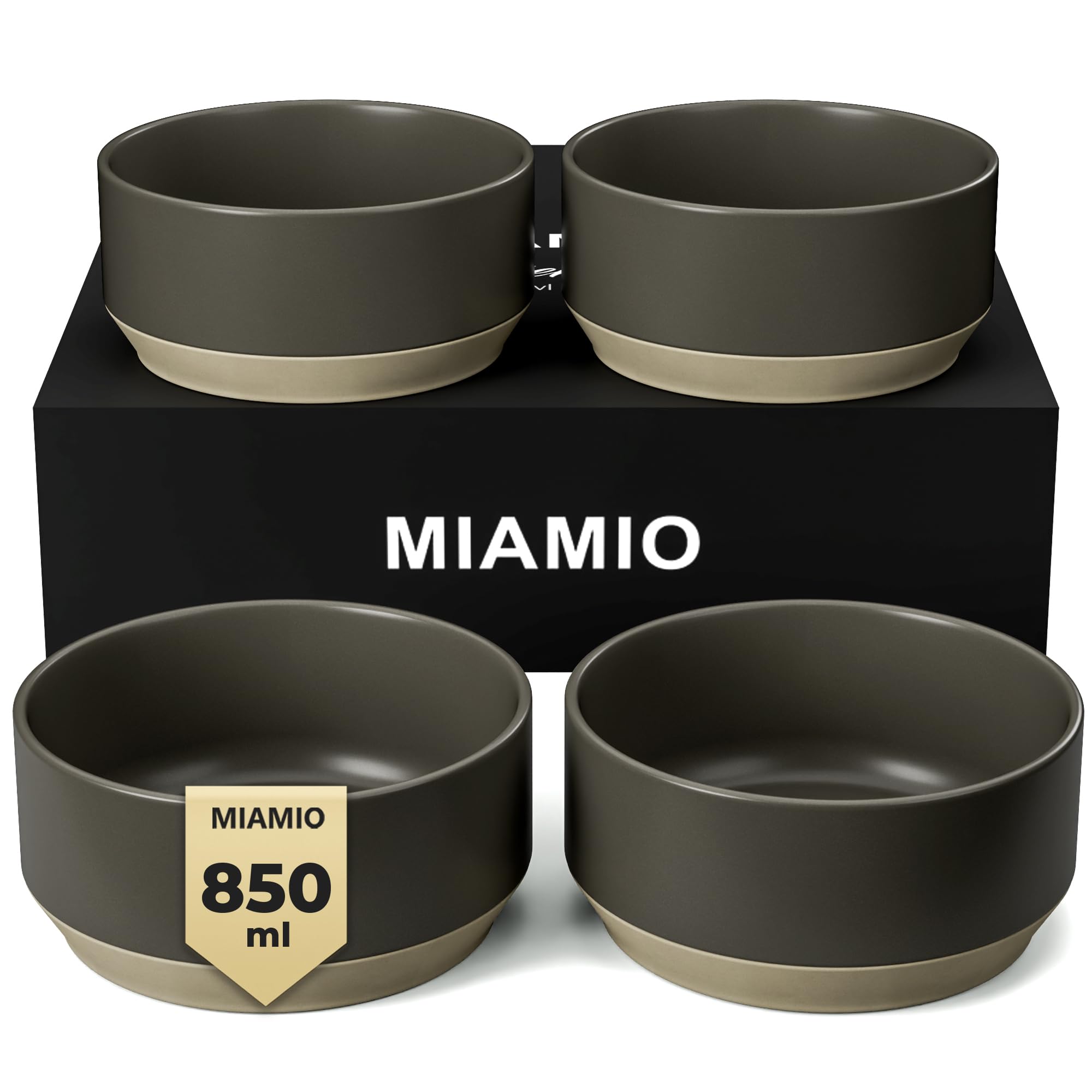 MIAMIO – Ensemble de 4 bols/Ensemble de bols en céramique (850 ml) pour pâtes, ramen, céréales, salade – Convient au lave-vaisselle et au micro-ondes – Collection Sierra (Noir, Bols (4x))