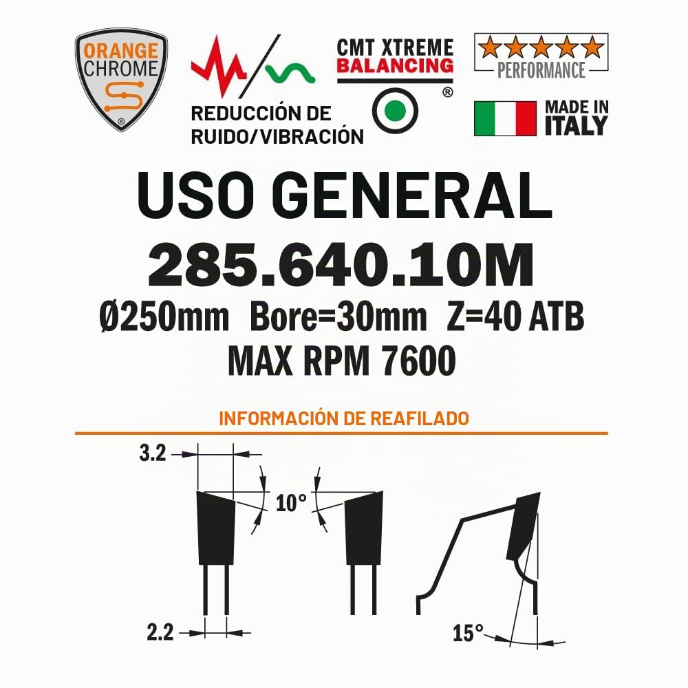 CMT Orange Tools 285.640.10M - Sierra Circular Chrome HW 250X3.2/2.2X30 Z40 15ATB