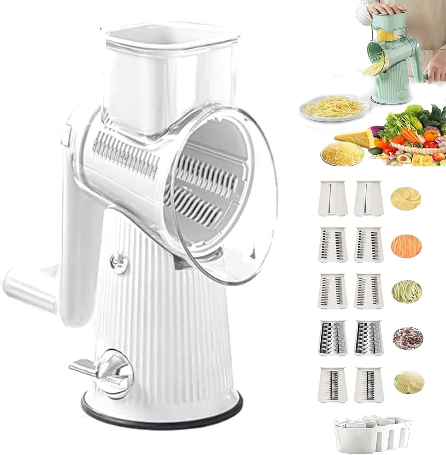 5 In 1 チーズおろし器、手回し野菜スライサー、交換可能な刃10枚、吸盤ベース、ジャガイモ、ニンジン、チーズ、チョコレート、野菜