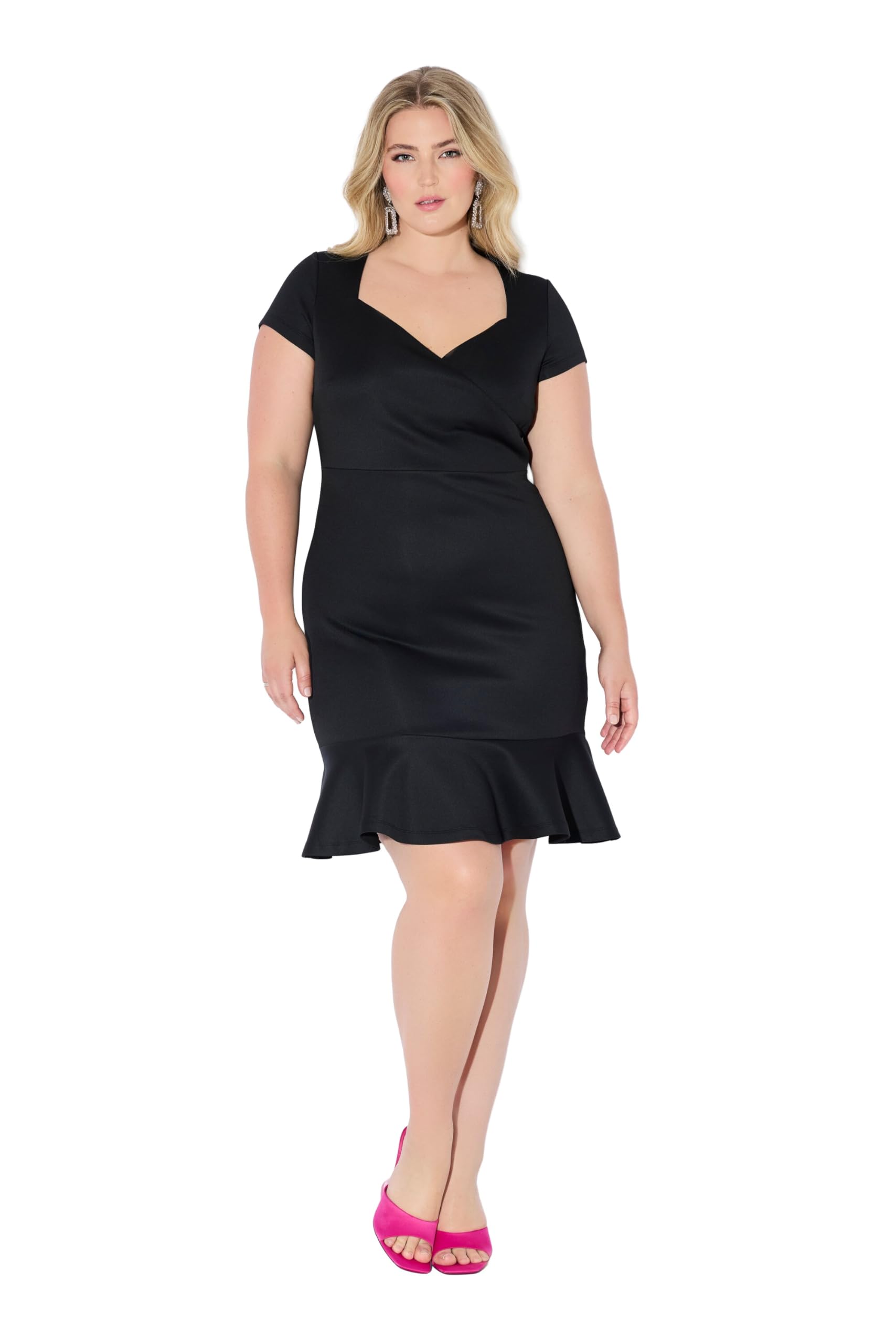 Ulla Popken Damen große Größen Übergrößen Plus Size Scubakleid, leicht tailliert, Herz-Ausschnitt, Saumvolant 845169