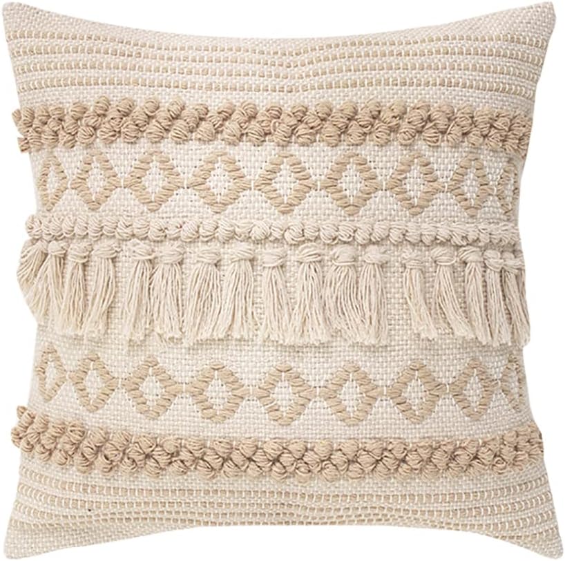 Fennco Styles Handwoven Diamond Tassel Decorative Throw Pillow 18" W x 18" L - Natural Textured Boho Cushion for Home, Couch, Living Room, Bedroom and Office Décor