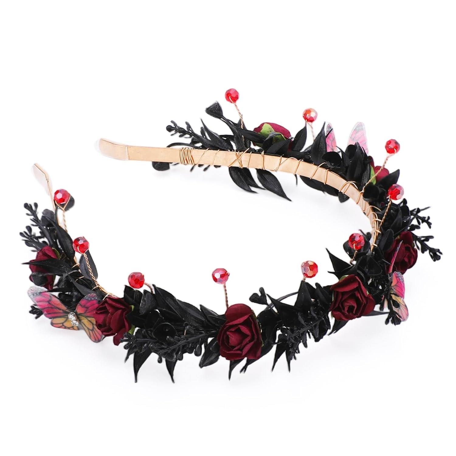 Black Gothic Flower Crown, Dark Red Fairy Butterfly Floral Headpiece, Woodland Goth Elf Flower Headband for Women Renaissance Halloween Witch Cosplay Festival Party Hair Accessories