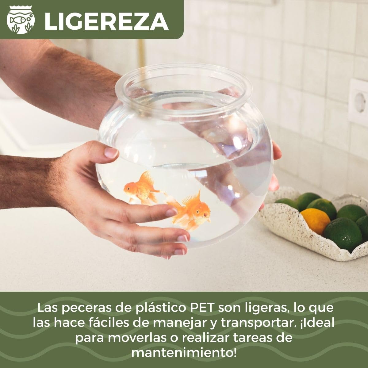 Mobiclinic® Pets, Pecera pequeña, Nemo, 4 litros, Plástico Pet Eco, Redonda, Diseño Transparente, 20x20x17, 5cm, Fácil Limpieza, Resistente, Ideal para decoración del hogar, Hierbas acuáticas