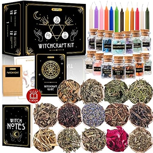 Wyspell Kit de suministros de brujería para altar de bruja, 54 piezas, velas de hechizo, brujas, cristales, frascos, hierbas, hechizos, caja para principiantes, color verde | Ya disponible en tu tienda friki favorita! En mundofriki.es! Wyspell Kit de suministros de brujería para altar de bruja, 54 piezas, velas de hechizo, brujas, cristales, frascos, hierbas, hechizos, caja para principiantes, color verde | Ya disponible en tu tienda friki favorita! En mundofriki.es!