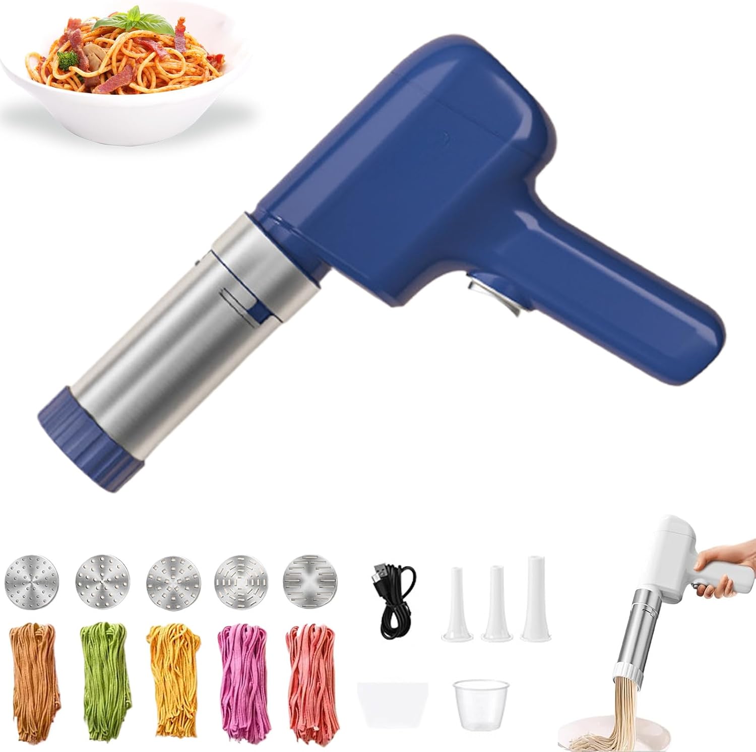 String Hopper Maker Electric, Electric String Hopper Maker, Home Automatic 5-in-1 Cordless Pasta Makers, with 5 Interchangeable Molds, for Making Linguine, Thin, Thick Noodles (Blue)