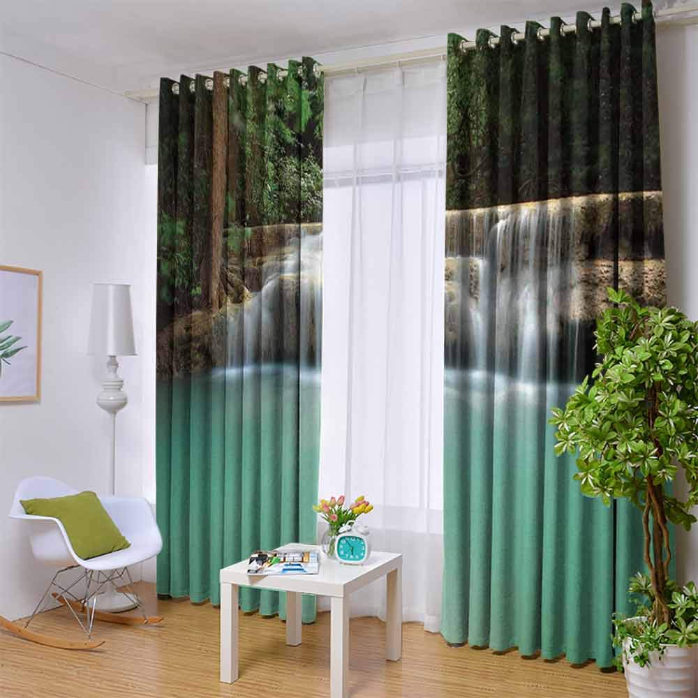 hengshu Waterfall Wear-Resistant Color Curtain Falling Stream Waterfall Natural Pond Thailand Vacation Theme Print 2 Panel Sets W96 x L72 Inch Almond Green Brown White