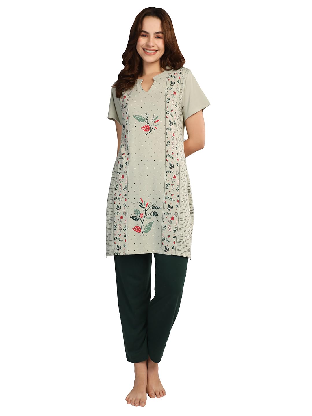 Duchess Women’s Cotton Printed Regular Fit & Embroided Long Length Night Suit Set