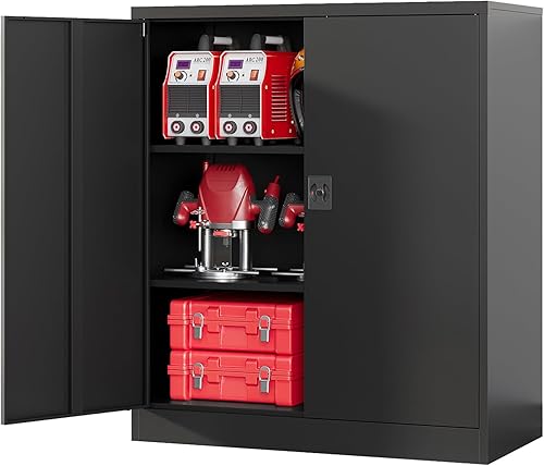 Armarios de almacenamiento de metal para garaje con cerradura, gabinete de herramientas de 36 pulgadas de alto con 2 puertas y 2 estantes