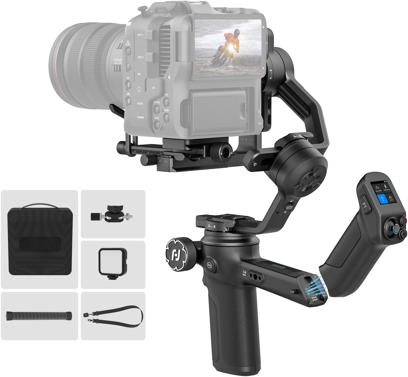 FeiyuTech SCORP 3 Kit [Carry Case, Extension Pole, Fill Light] Gimbal Stabilizer with Detachable Handle, AI Tracking, 7.72lb Load, Gimbal for Canon/Sony/Nikon/Fujifilm, Native Vertical Shooting