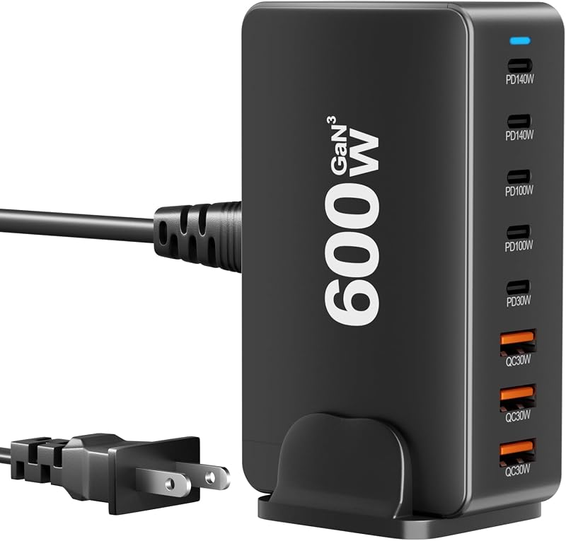Bloque de carga rápida USB C de 600 W, estación de carga de 8 puertos, concentrador de estación de carga multipuerto GaN Ⅲ para múltiples dispositivos, estación de carga USB multipuerto compatible con MacBook iPhone iPad Dell