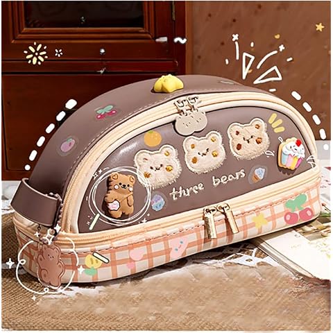AONUOWE Kawaii Pencil Case with Sticker Cute Bear Pink Pencil Cases Large Pencil Pouch Kawaii Stationery Supplies (Boba Bear) Cover
