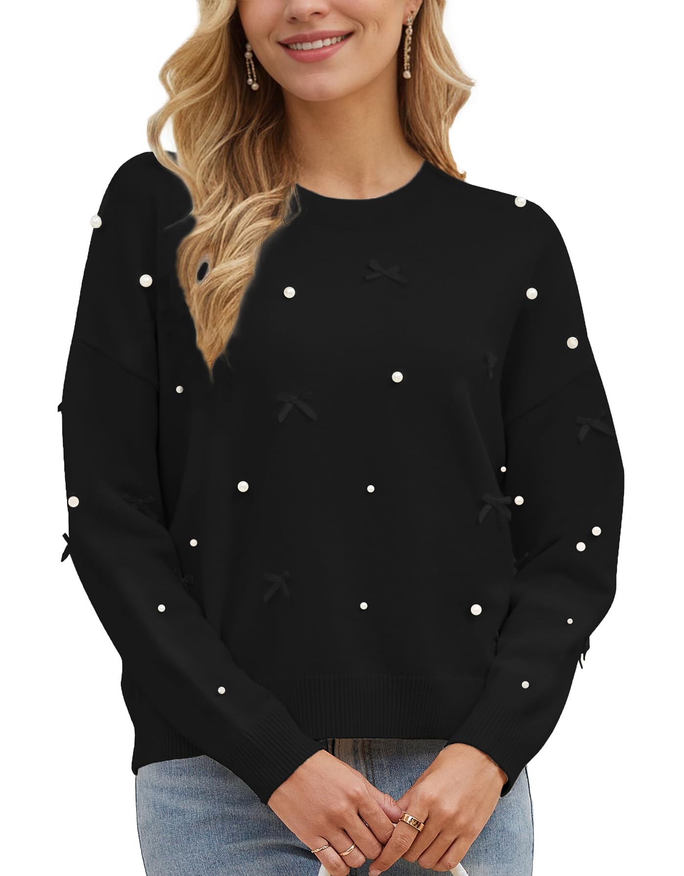 Kedera Fall Sweaters for Women Long Sleeve Crewneck Knit Embellished Bow Tops Loose Fit Y2K Casual Pullover with