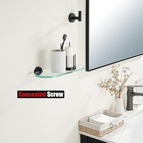 Miniatura 5 de JQK Estante de cristal para baño negro, almacenamiento de ducha de vidrio templado de 12 x 5 pulgadas, montaje en pared negro mate de acero