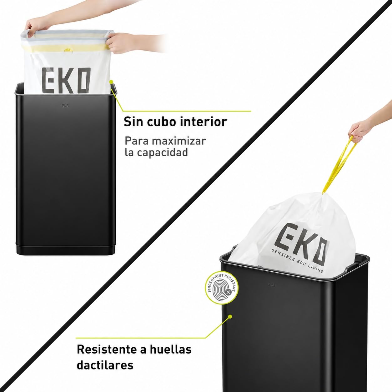 EKO Mirage-T - Cubo de basura rectangular con sensor de movimiento sin contacto de 50 litros/13.2 galones, acabado de acero inoxidable cepillado (negro mate)