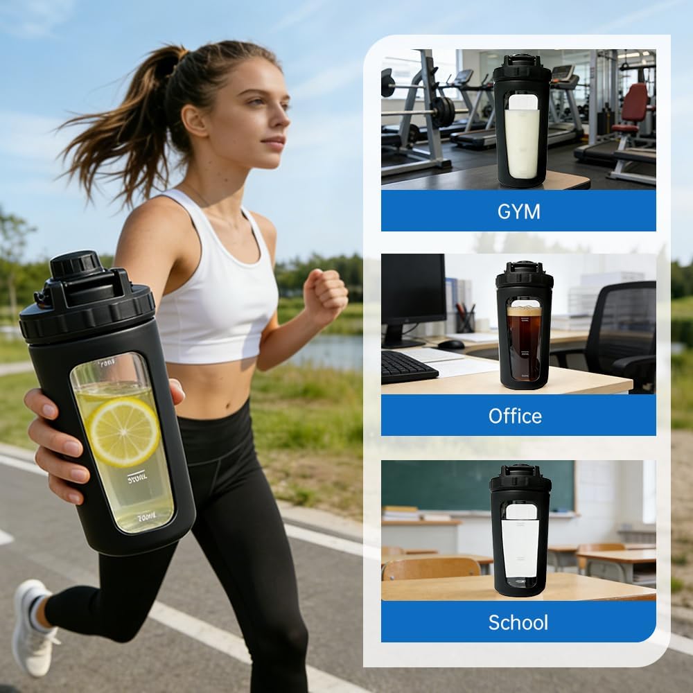 26oz Glass Protein Shaker Bottle with Non-Slip Sleeve, Borosilicate Glass Shaker Cup for Protein Shakes, Smoothies, Iced Coffee, Leak-Proof & BPA-Free Mixer Bottle for Gym, Workout, Sports