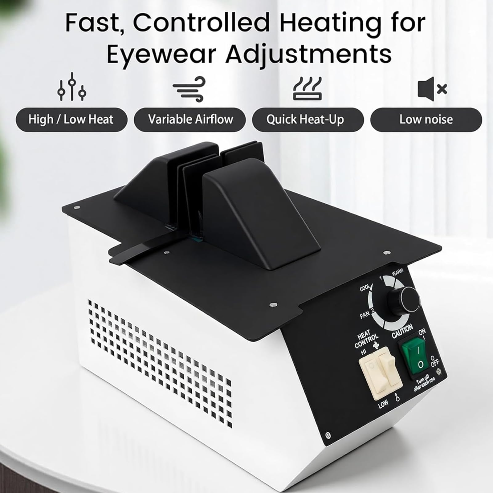 Equipo de calefacción para gafas, calentador de temperatura ajustable de 1500 W para marcos de gafas ópticas, cambio de calor y frío para marcos de gafas y resina no metálica